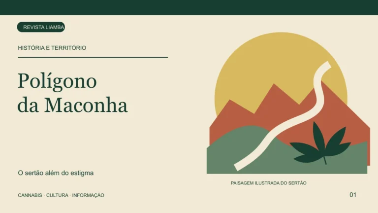 Ilustração do sertão com rio, serras e folha de cannabis para a história do Polígono da Maconha.