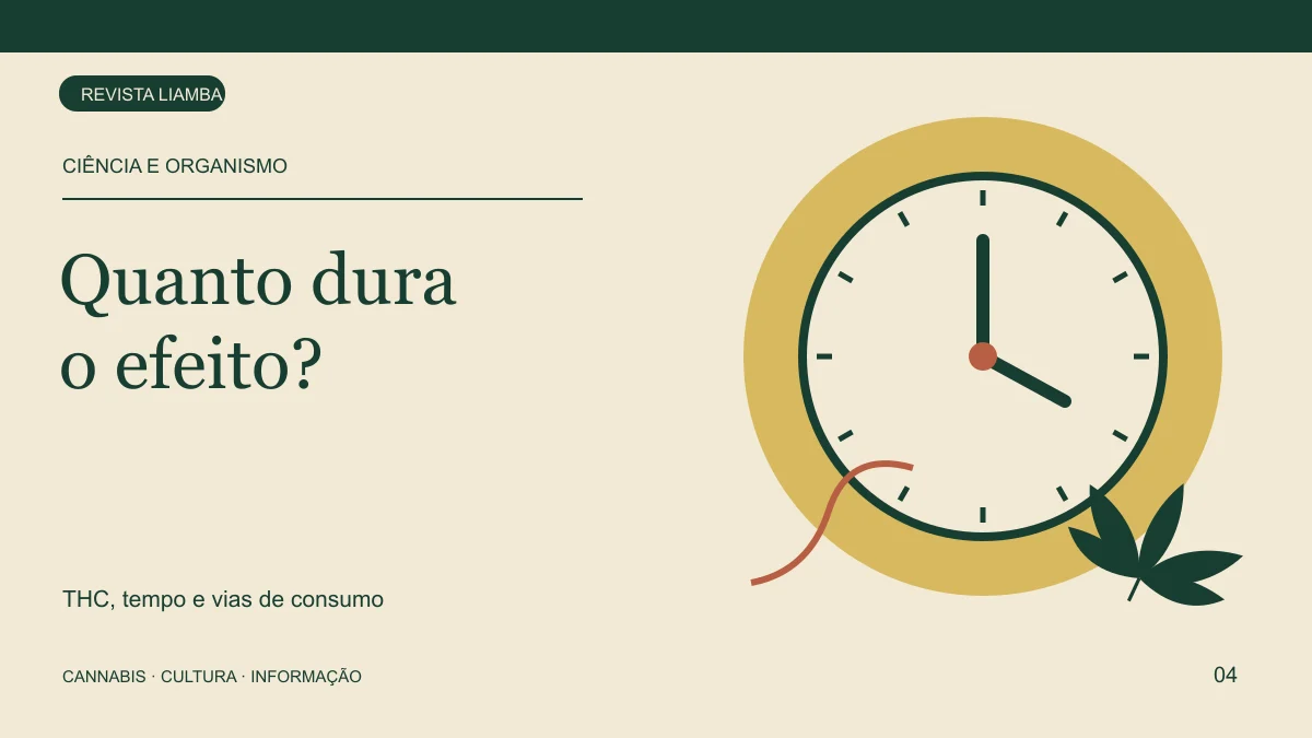 Ilustração de relógio e folha de cannabis sobre a duração dos efeitos do THC.